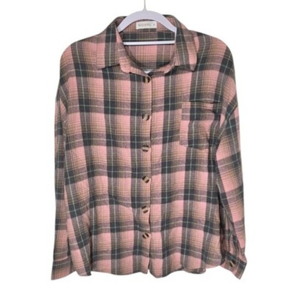 Pink Plaid Flannel Shirt L Oversized Comfy Shacket Long Sleeve Button Down Moshu